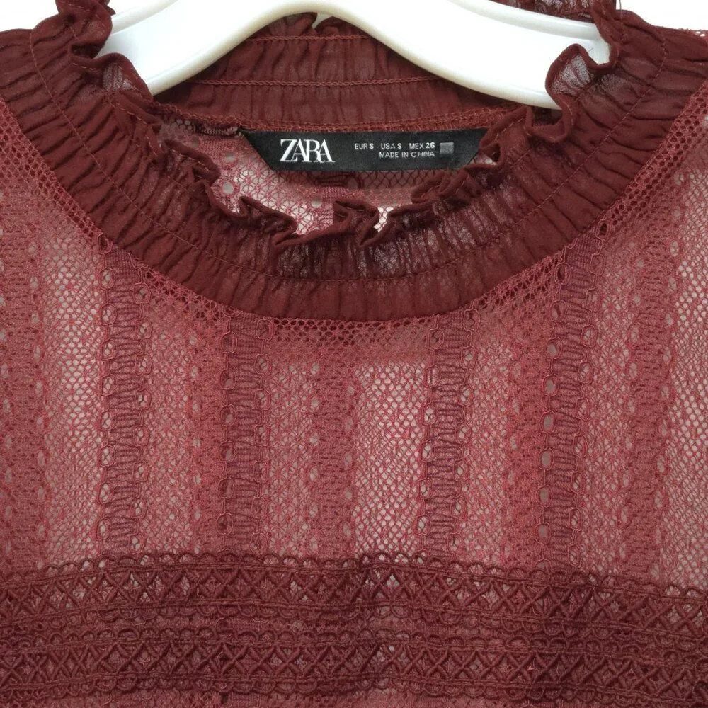 Zara Sheer Lace Blouse S Smocked Ruffle Burgundy Red Boho Romantic Whimsigoth - Picture 2 of 15